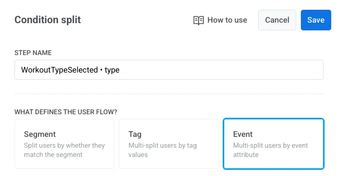 条件分支元素显示按用户分群或标签拆分流程的选项