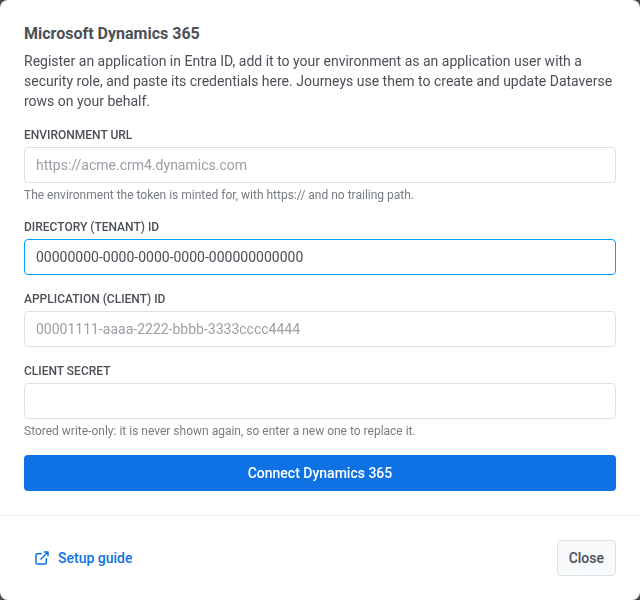 ฟอร์มเชื่อมต่อ Microsoft Dynamics 365 ในหน้าการตั้งค่า พร้อมด้วย Environment URL, tenant ID, client ID และ secret