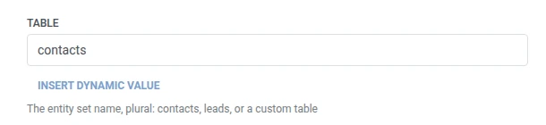 ฟิลด์ Table ตั้งค่าเป็น contacts