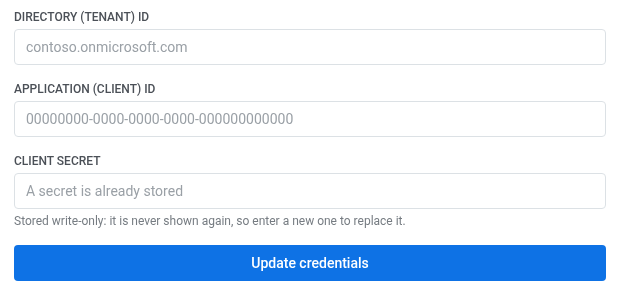 Settings Microsoft Azure connect form with tenant ID, client ID, and client secret fields
