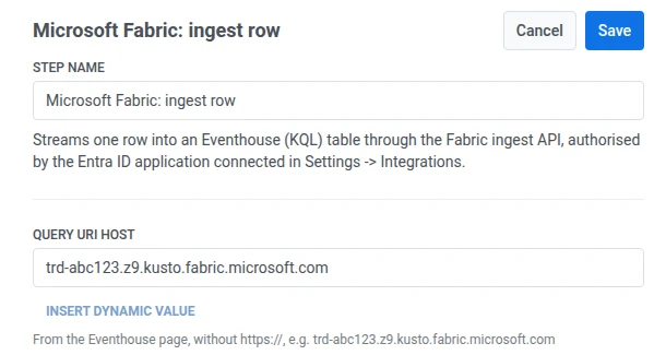 Microsoft Fabric ingest row drawer with Step Name filled and Query URI host set to a Kusto URL