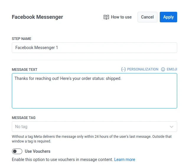 Facebook Messenger element with message text, message tag, and Use Vouchers toggle