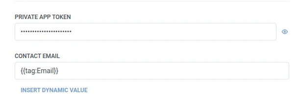 Token de aplicación privada de HubSpot enmascarado y campo de correo electrónico del contacto configurado con una macro de tag