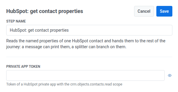 HubSpot get contact properties drawer with Step Name and Private app token fields