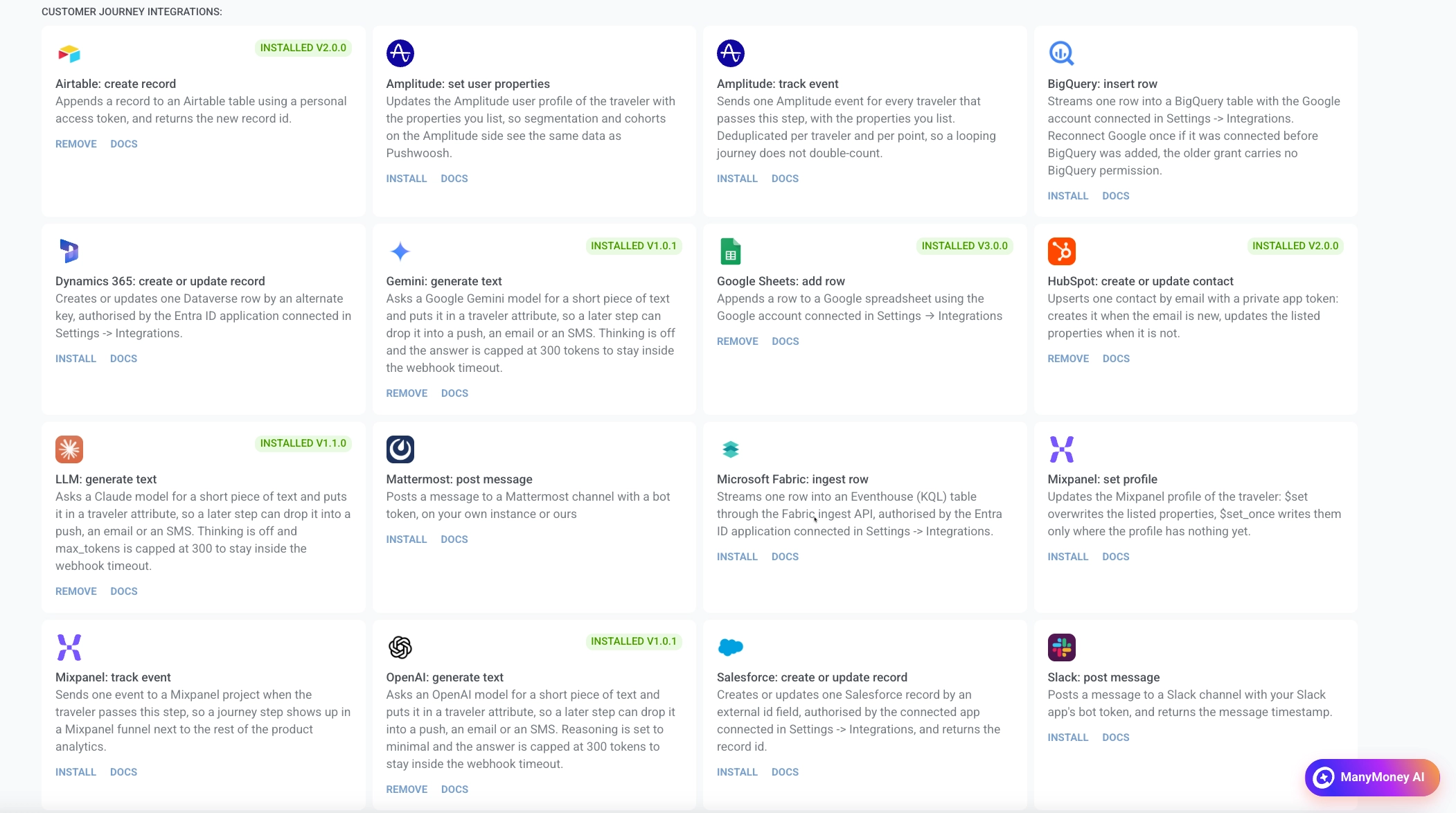 Seite 'Drittanbieter-Integrationen' in den Einstellungen, die Karten für Customer Journey-Integrationen mit den Badges 'Installieren', 'Entfernen' und 'Installiert' anzeigt