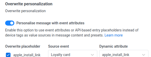 Personalise message with event attributes table mapping apple_install_link to the Loyalty card step