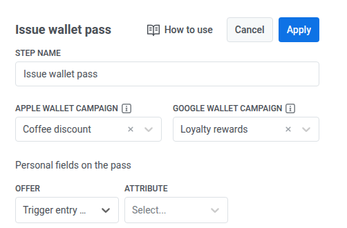 Personal fields on the pass section with an OFFER field set to a Trigger entry event and an Attribute dropdown to select