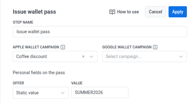 Personal fields on the pass with OFFER set to Static value and VALUE typed as SUMMER2026