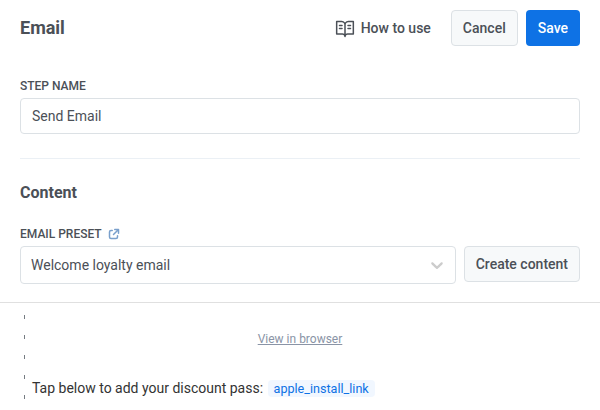 Send Email with Welcome loyalty email preset and apple_install_link chip in the message body