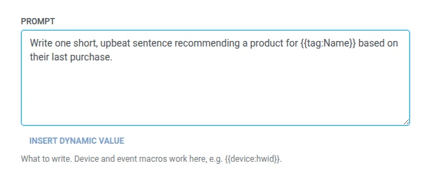 Campo Prompt con un prompt de recomendación de producto usando una macro de etiqueta
