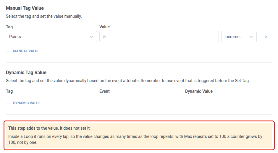 Update user profile step inside a loop with an increment action and the repeat multiplier warning shown