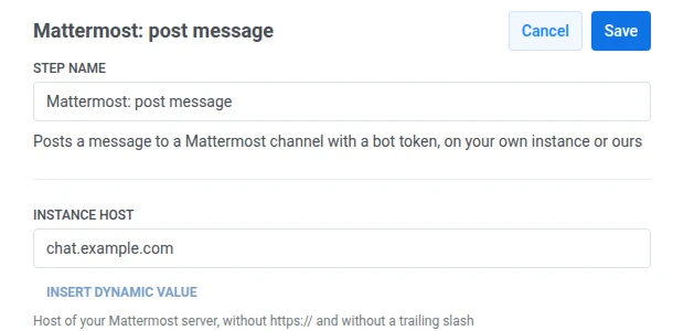 Mattermost post message drawer with Step Name filled and Instance host set to chat.example.com