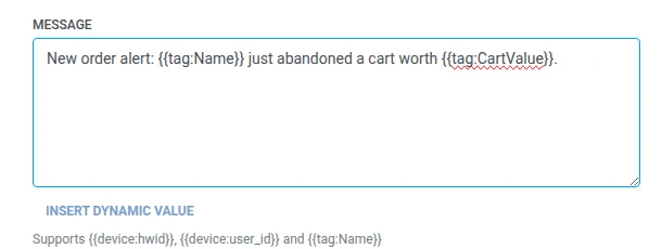 Message field with an order alert using tag macros