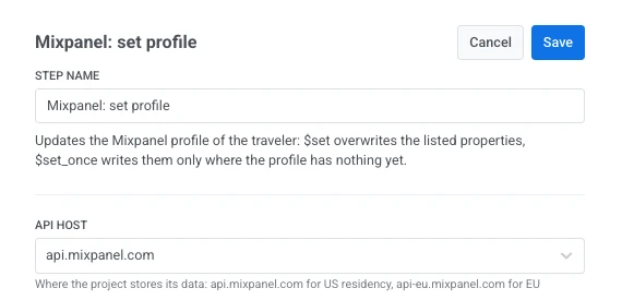 Mixpanel 'Profil festlegen'-Fenster mit ausgefülltem Schrittnamen und auf api.mixpanel.com eingestelltem API-Host