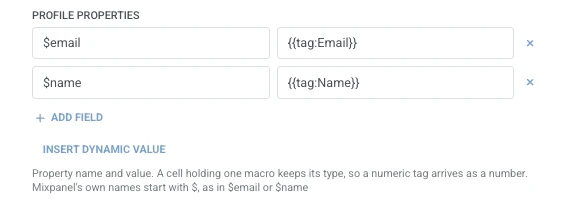 Tabelle der Profileigenschaften mit '$email' und '$name', die auf Tag-Makros abgebildet sind