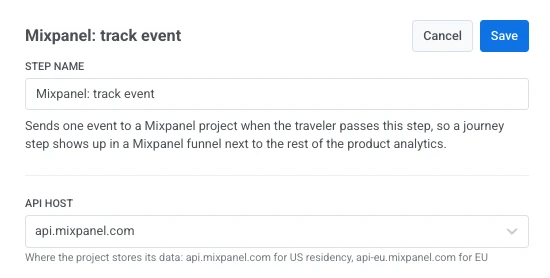 Mixpanel track event drawer with Step Name filled and API host set to api.mixpanel.com