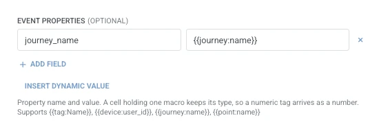 Event properties table with journey_name mapped to the journey:name macro