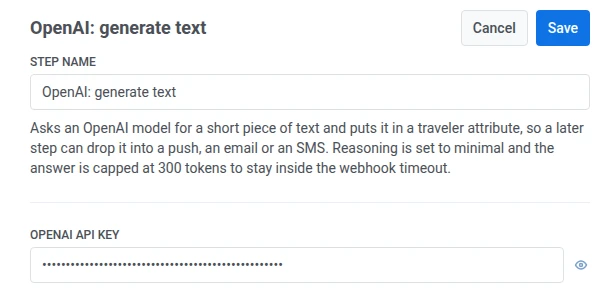 OpenAI generate text drawer with Step Name filled and OpenAI API key masked