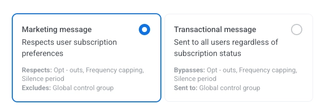 Раздел 'Перезаписать персонализацию' в элементе Push с опциями 'Маркетинговое сообщение' и 'Транзакционное сообщение'