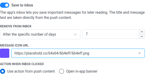 การตั้งค่า Save to inbox: เปิดใช้งาน toggle, ลบออกจาก inbox ตั้งไว้ที่ 7 วัน, URL ไอคอนข้อความ และตัวเลือกการดำเนินการเมื่อคลิกใน inbox