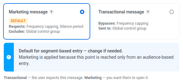 องค์ประกอบ Push ที่ผู้ใช้มาถึงจาก Audience-based entry เท่านั้น โดยแสดงข้อความการตลาดเป็นค่าเริ่มต้น