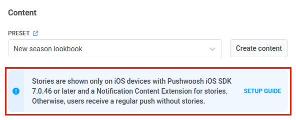 องค์ประกอบ Push ที่เลือก preset แบบ push stories และแบนเนอร์ข้อมูลที่แสดงข้อกำหนด iOS SDK 7.0.46 และ Notification Content Extension พร้อมปุ่ม Setup guide