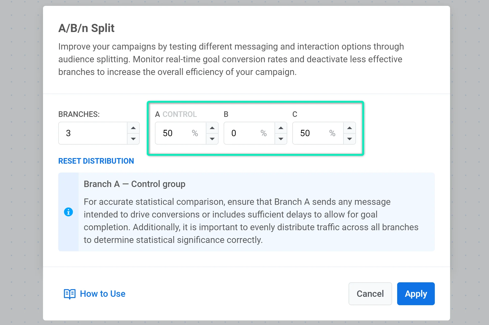 Desative uma ramificação definindo sua distribuição de usuários para 0%