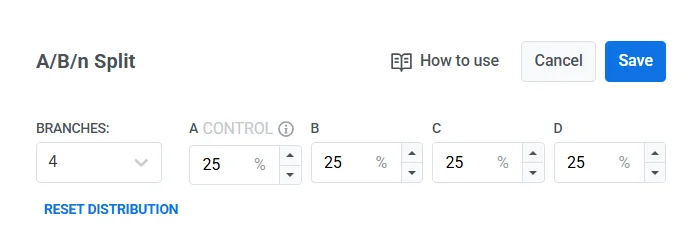 Configure as ramificações e defina a distribuição de usuários entre elas