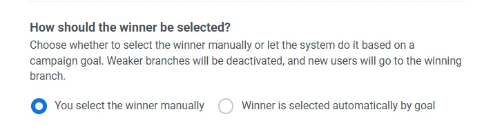 Configuração de seleção manual do vencedor na configuração do teste de Divisão A/B/n