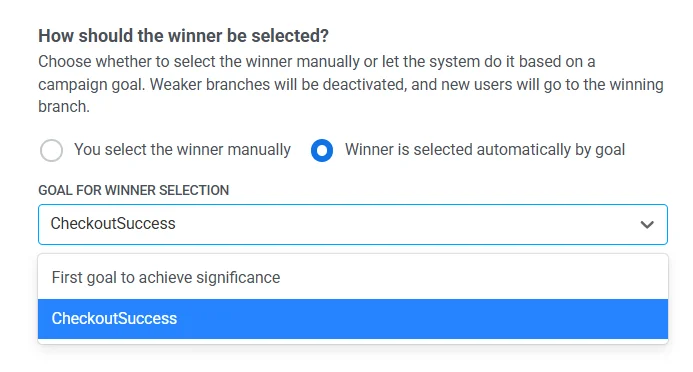 Seleção automática do vencedor por meta nas configurações da Divisão A/B/n
