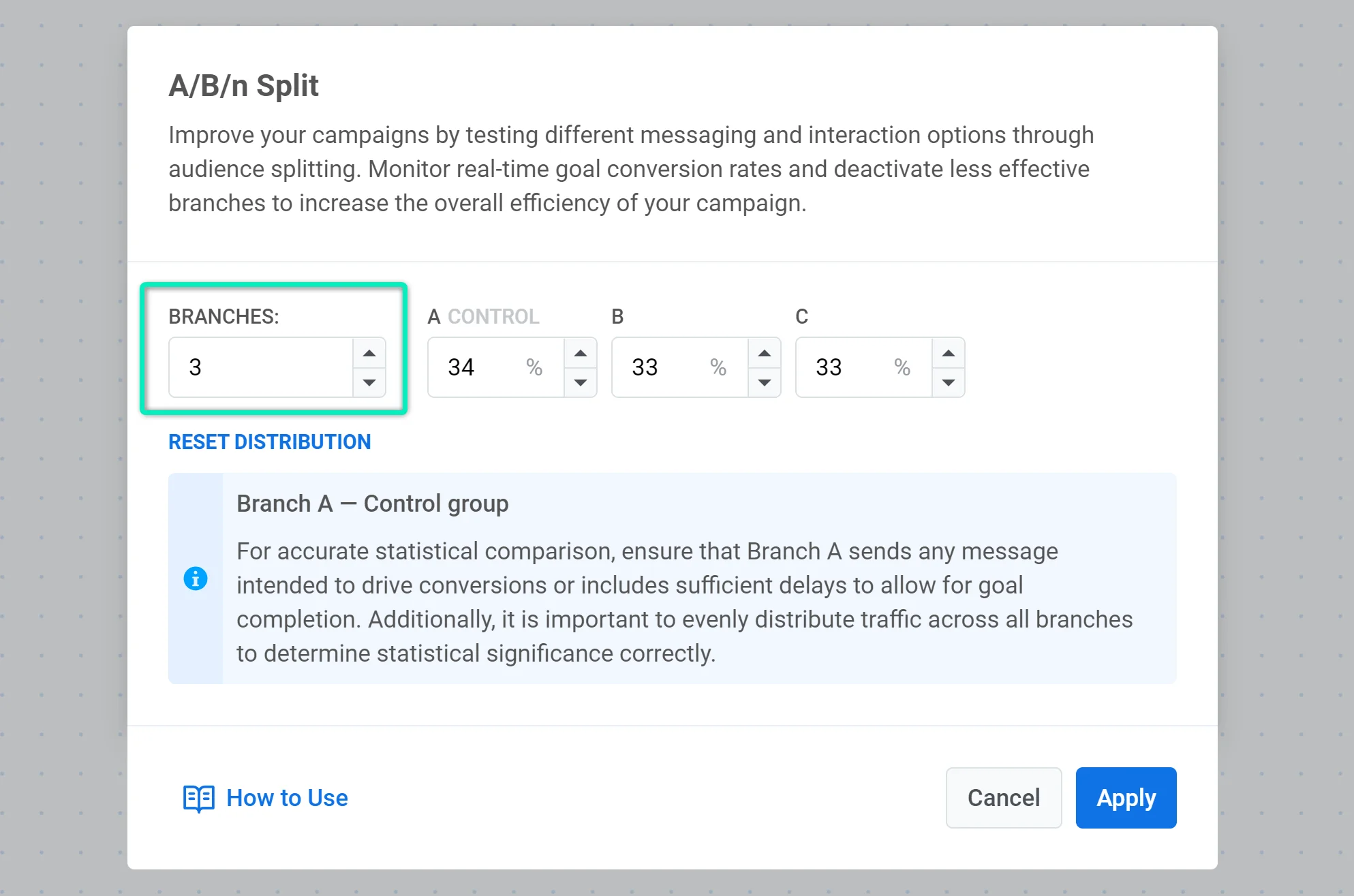 Defina o número de ramificações para o teste A/B/n