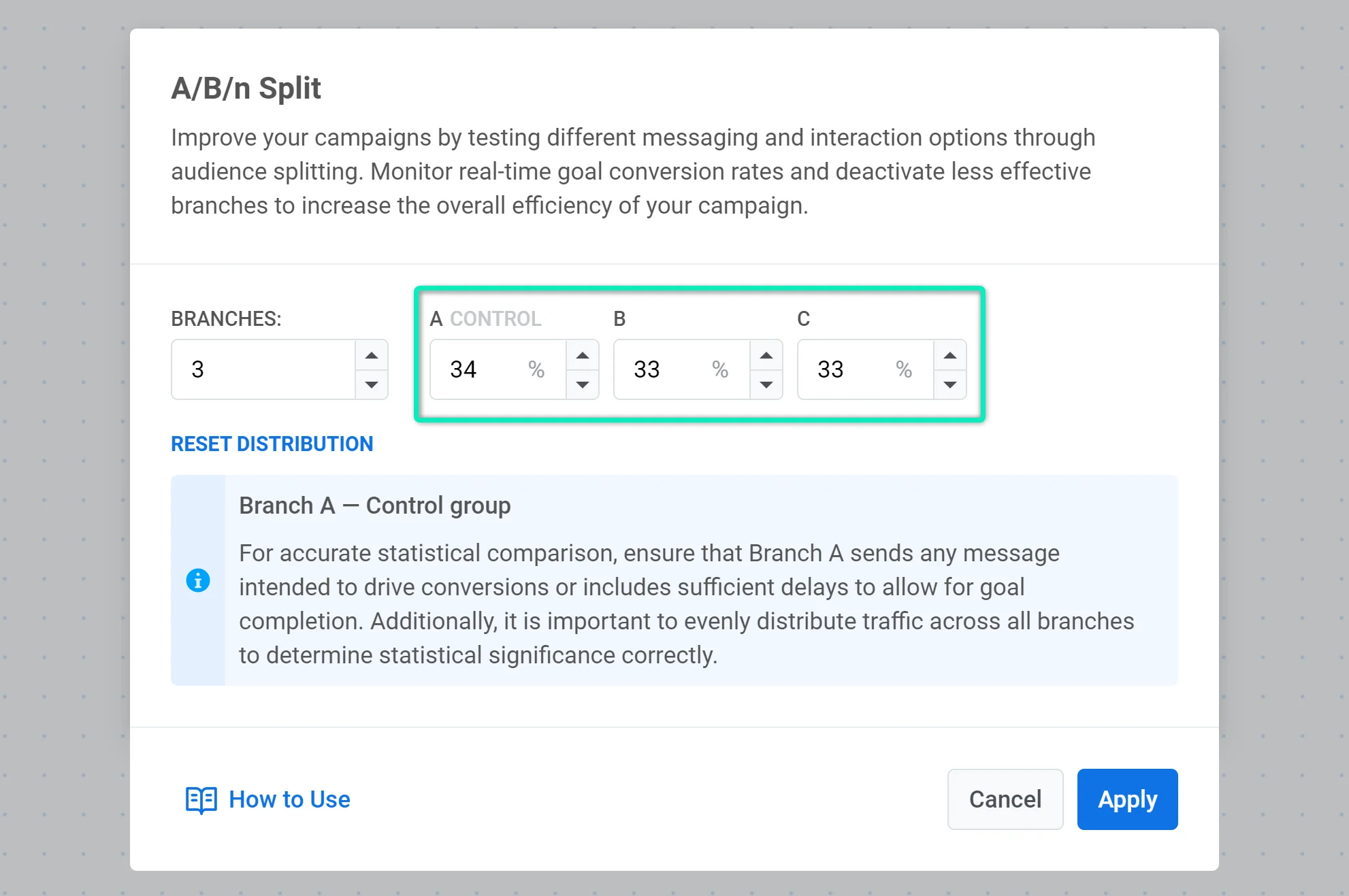 Defina a distribuição de usuários entre as ramificações
