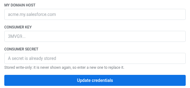 ฟอร์มเชื่อมต่อ Salesforce ในหน้าการตั้งค่า พร้อมช่อง My Domain host, Consumer Key และ Consumer Secret