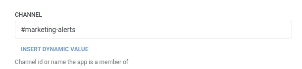 Channel field set to a marketing-alerts channel name