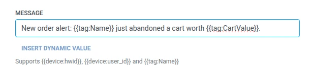 Message field with an order alert using tag macros
