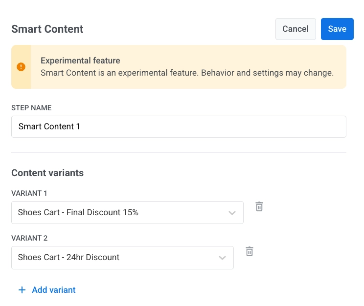 Smart Content Content variants section with two selected push presets and Add variant button