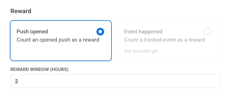 Smart Content Reward section with Push opened selected, Event happened disabled, and Reward window field