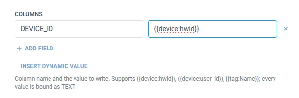 جدول اسم وقيمة الأعمدة مع تعيين DEVICE_ID إلى ماكرو hwid للجهاز