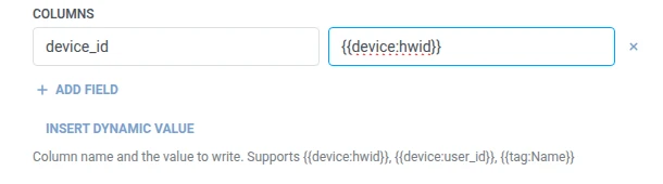 Columns name and value table with device_id mapped to a device hwid macro