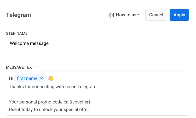 Telegram element settings with Message text field, voucher options, and Apply button.