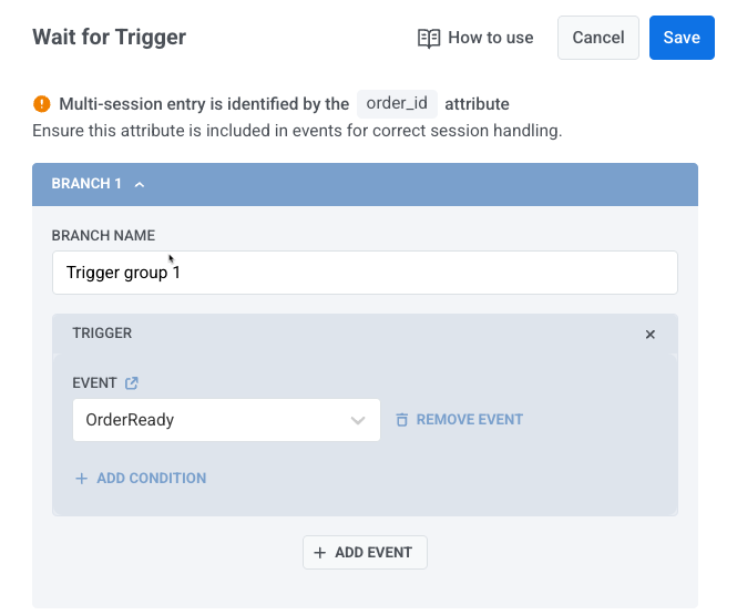 Use the event OrderReady in the Wait for Trigger element