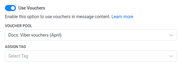 Élément Viber avec Vouchers activé, Voucher Pool sélectionné, et champ facultatif Assign Tag