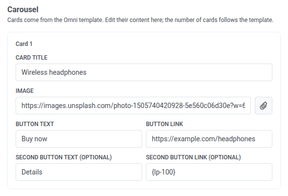 Carousel section of the Viber element with Card 1 title, image URL, and two buttons filled in