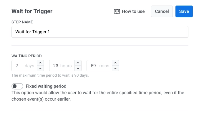 Interface de configuration montrant les paramètres de la période d'attente pour l'élément Attendre un déclencheur avec des options pour définir la durée et activer la période d'attente fixe