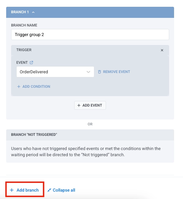 Interface de configuration montrant le bouton Ajouter une branche et les options de configuration de plusieurs branches dans l'élément Attendre un déclencheur