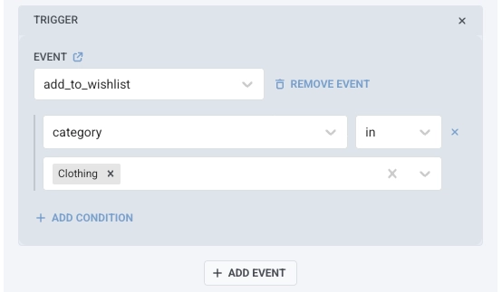 Interface de configuration montrant comment ajouter des conditions aux événements dans une branche avec le bouton AJOUTER UNE CONDITION et les options de filtre par attribut