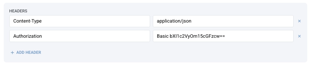 Authorization header example for Basic authentication in webhook settings showing Content-Type and Authorization headers