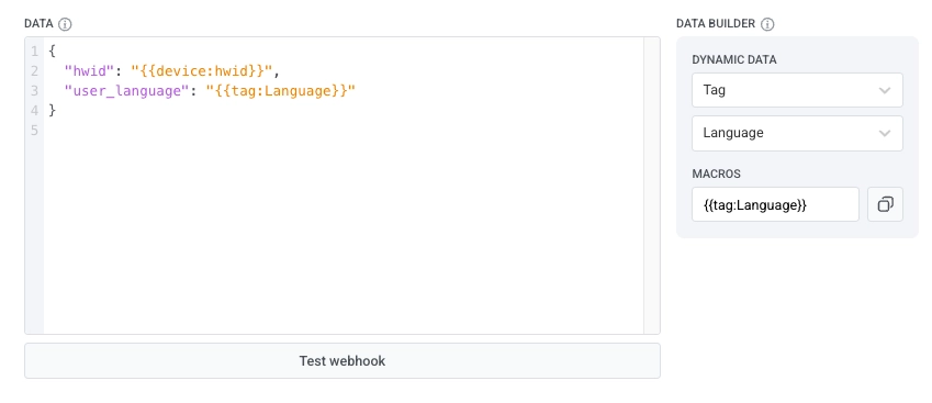 Insert Dynamic Data placeholders into the webhook request body