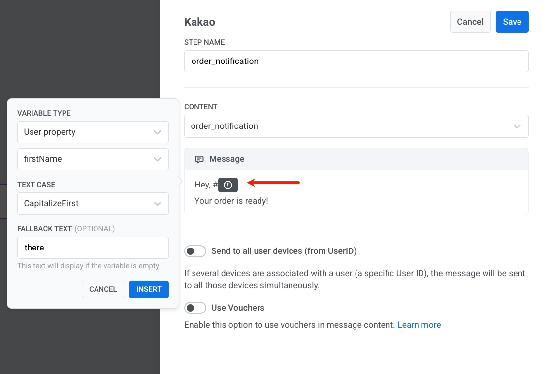 Variable selector interface for personalizing Kakao messages in Customer Journey