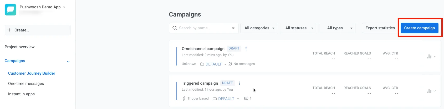 Tela do Customer Journey Builder da Pushwoosh mostrando a interface de criação de campanha e elementos disponíveis